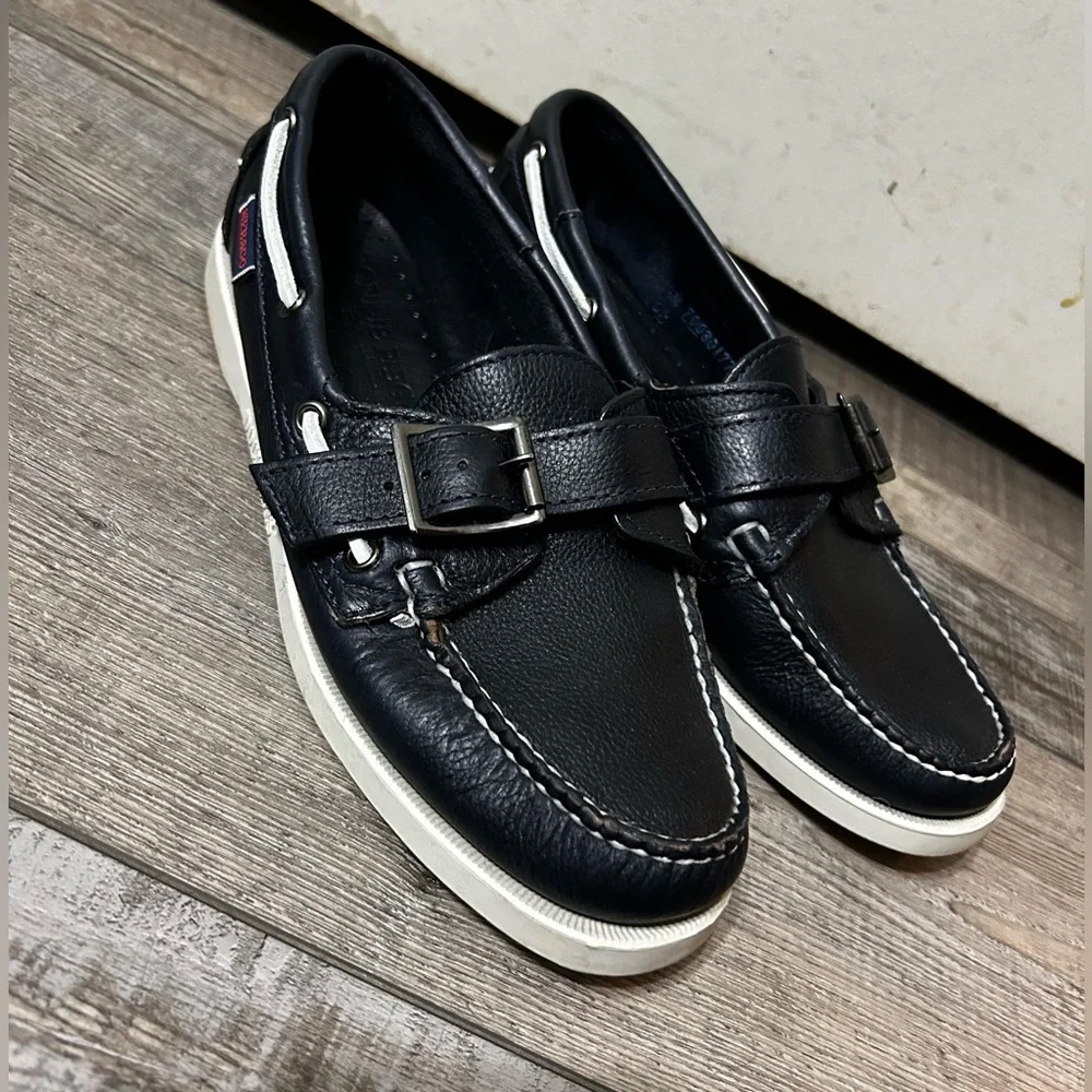 Ronnie Fieg x Sebago Leather docksiders Boat Shoes navy & grey Buckle